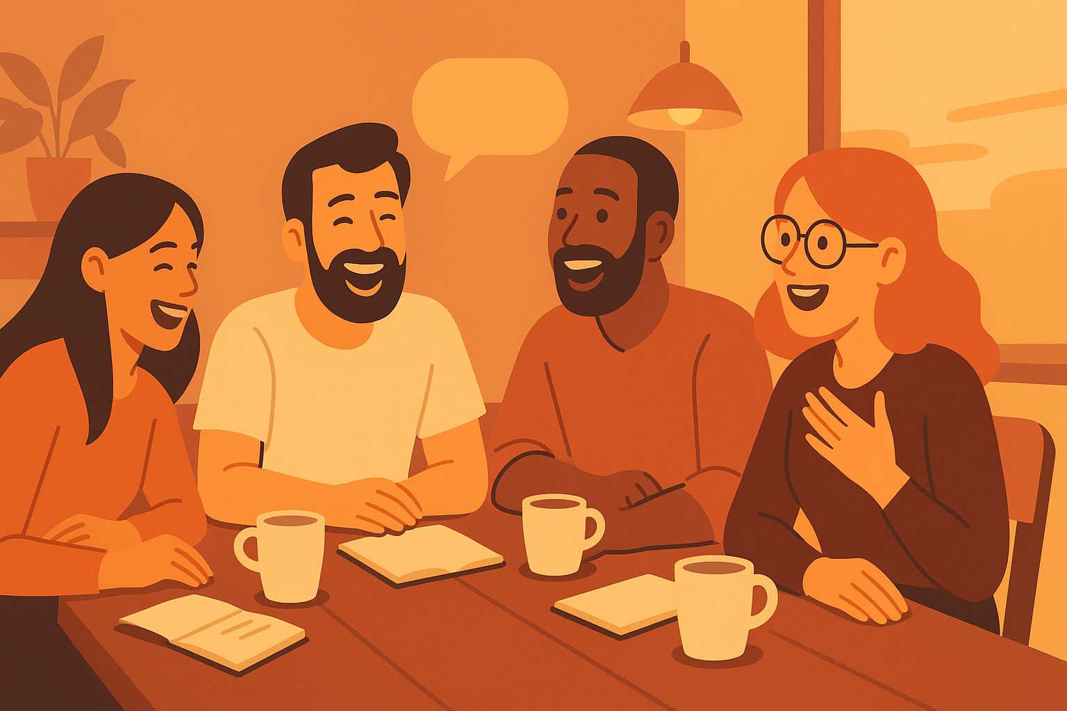 Small group relaxing after work, laughing around a table with empty coffee cups and notebooks.